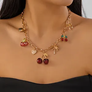 Vacation Style Zinc Alloy Artificial Pearl Necklace For Women Sweet Fruit Cherry Strawberry Heart Bow Pendant Clavicle Chain