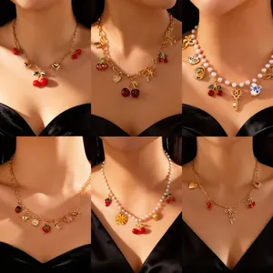 Sweet fruit cherry strawberry bow pendant necklaces with pearl clavicle chain for women