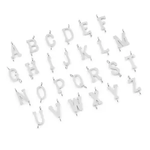 Set of 26 stainless steel uppercase letter charms for DIY jewelry making in silver finish.