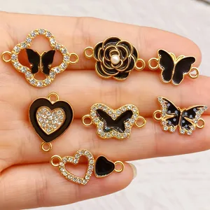 Legierung Strass Emaille Schmetterling Herz Rose Vierblättriges Kleeblatt Anhänger DIY Schmuckverbinder Für Armband Ohrring Damen Zubehör