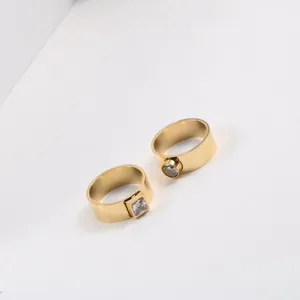Simple 18K Gold Plated Titanium Steel Ring For Women Geometric Square Round Zirconia Inlaid Minimalist Fashion Finger Jewelry