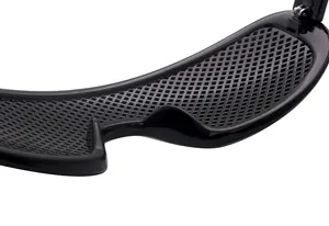 Detailed close-up showing the mesh grid structure of black pinhole glasses for vision.