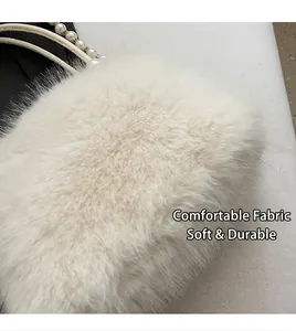 Detailed view showing the soft white faux fur texture and elegant pearl handle strap
