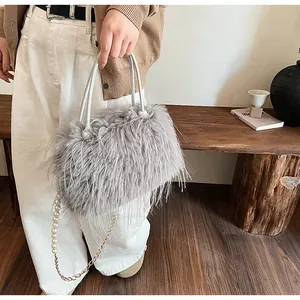 Close-up detail of the grey plush fuzzy handbag with a decorative pearl chain strap.