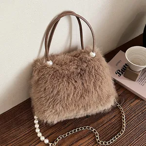 Women Faux Fur Bucket Bag Artificial Pearl Chain Crossbody Bag Soft Plush Handbag Autumn Winter Shoulder Bag Elegant Fashion Pouch