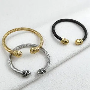 Gothic 304 Stainless Steel Twisted Rope C-Shaped Open Bracelet Vintage Double Skull Punk Bangle For Men Women Jewelry