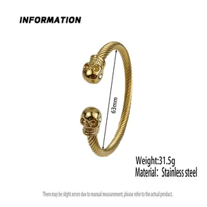 Vintage gothic gold stainless steel twisted rope open cuff bracelet with double skull heads