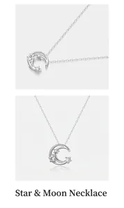 Detailed view of elegant silver crescent moon and star pendant necklace with cubic zirconia stones