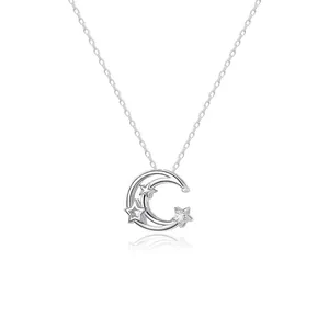 Luxury Stainless Steel Star Moon Pendant Necklace Women Fashion Zirconia Clavicle Chain Silver Plated Elegant Jewelry