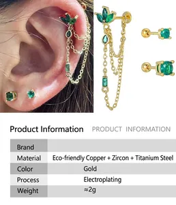 Ensemble de boucles d'oreilles chaîne en zircon émeraude en acier titane 316 doré