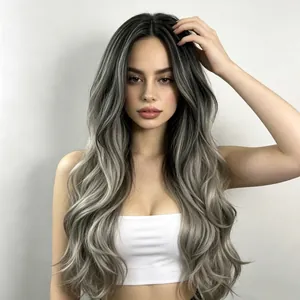 Longue perruque synthétique ondulée avec dégradé noir-gris pour femmes élégantes