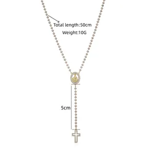 18K gold-plated stainless steel Y-necklace with beads and a religious icon medal