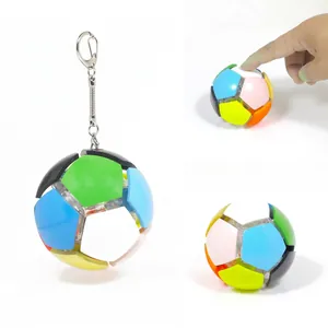 Close-up of a colorful geometric sphere toy with multi-colored pentagonal facets.