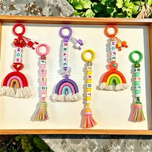 Set of 6 Christmas themed handmade macrame rainbow keychains with motivational beads