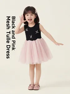 Girls sleeveless black and pink contrast mesh tutu dress with bow accents