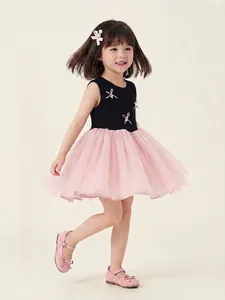 Sleeveless black and pink mesh tutu dress for young girls with delicate bow details