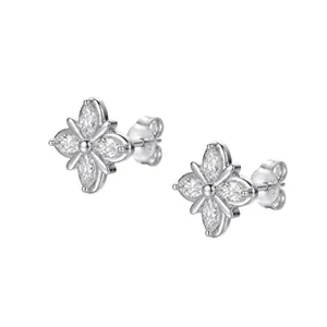 Detailed macro view of S925 sterling silver four-leaf clover earrings with CZ