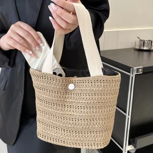 Straw Woven Handbag Bucket Tote With Canvas Handle Button Closure Summer Beach Holiday French Style For Women