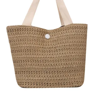 Elegant French style straw woven beach handbag with fabric handles for summer