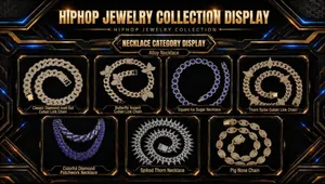 Collection of various hip-hop iced-out Cuban chain necklaces in different styles.