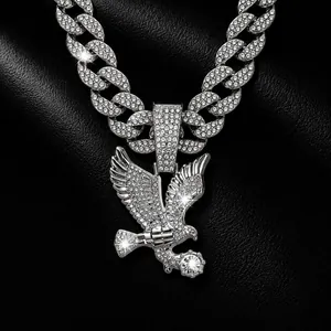 Eagle Pendant Necklace Alloy Rhinestone Encrusted Hip Hop Streetwear Jewelry Cuban Rope Tennis Chain Men Women Gift