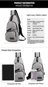 Men's nylon chest bag showing detailed size specs and comparison with iPad and iPhone