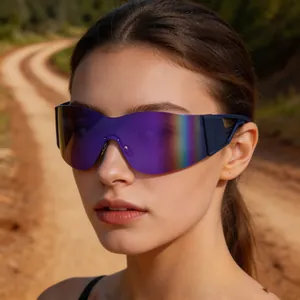 Stylish Y2K rimless sunglasses with purple iridescent lenses for outdoor sports