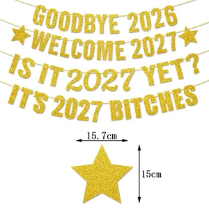 2027 Happy New Year Banner in Goldglitzer mit Sterndekoration und Maßen