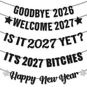 Schwarze Glitzer-Girlande 2027 Set inklusive Happy New Year Banner für Party-Dekoration