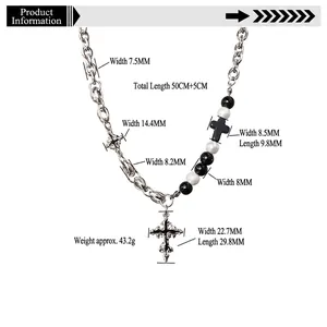 Gothic cross necklace with black beads and titanium steel chain, hip hop style jewelry.