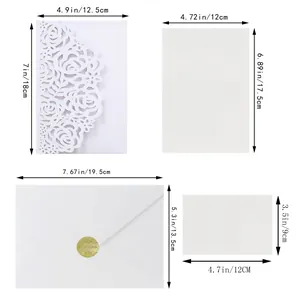 Laser cut rose wedding invitation set components with dimensions in cm and inches