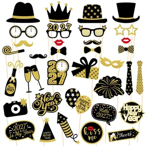2026 New Year Photo Booth Props Glitter Paper Funny New Year Eve Celebration Accessories Black Gold Decorations