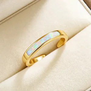 Minimalist S925 sterling silver open toe ring with vibrant opal inlay and elegant gold finish