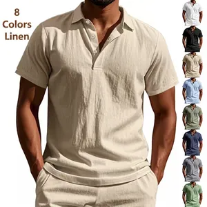 Men Polo Shirt Linen Blend Short Sleeve Breathable Casual British Style Loose Fit Button Down Lightweight