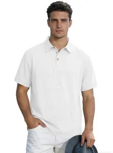 Detailed view of white breathable linen polo shirt with natural wood buttons for men.