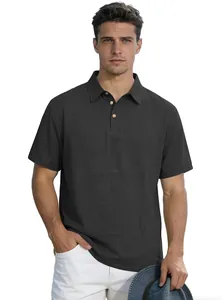 Detail of breathable dark grey linen polo shirt for men with textured fabric and buttons