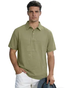 Close-up of olive green men's casual polo shirt featuring breathable linen texture fabric