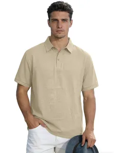 Casual men's breathable linen polo shirt featuring short sleeves and classic button collar
