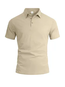 Close-up detail of a men's beige linen polo shirt showing the collar and buttoned placket
