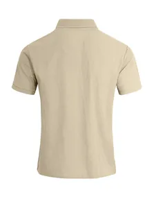 Back view of a men's breathable linen-textured polo shirt in light khaki color.