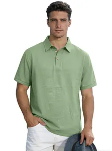 Detail of men's green linen polo shirt showing wooden buttons and collar texture