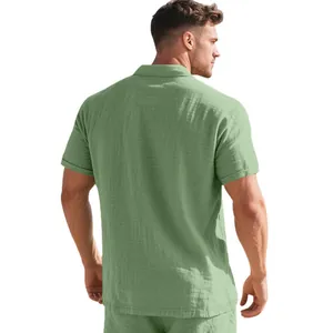 Back view of men's casual green linen-textured breathable short-sleeve polo shirt