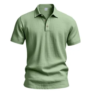 Detailed view of men's sage green linen polo shirt with breathable texture.