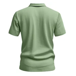 Back view of men's light green linen polo shirt showing breathable fabric texture