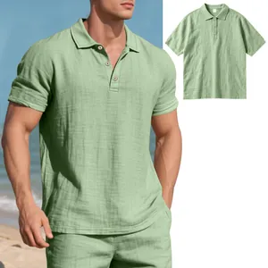 Light green men's loose breathable linen short sleeve polo shirt for casual summer wear