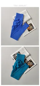 Detailansicht von königsblauen und blaugrünen nahtlosen Yoga-Leggings auf Magazin