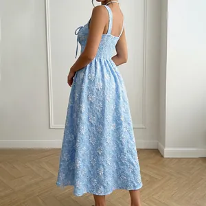 Elegant light blue floral jacquard sleeveless midi dress for women with backless design