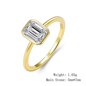 Macro view of gold plated S925 sterling silver ring with 5x7mm emerald cut zircon