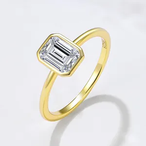 925 Sterling Silver Emerald Cut Square Rhinestone Ring For Women Minimalist Bezel Setting Gold Plated Luxury Fashion Finger Ring Jewelry
