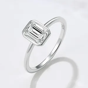 Elegant S925 sterling silver ring with emerald-cut rectangular zircon stone for women